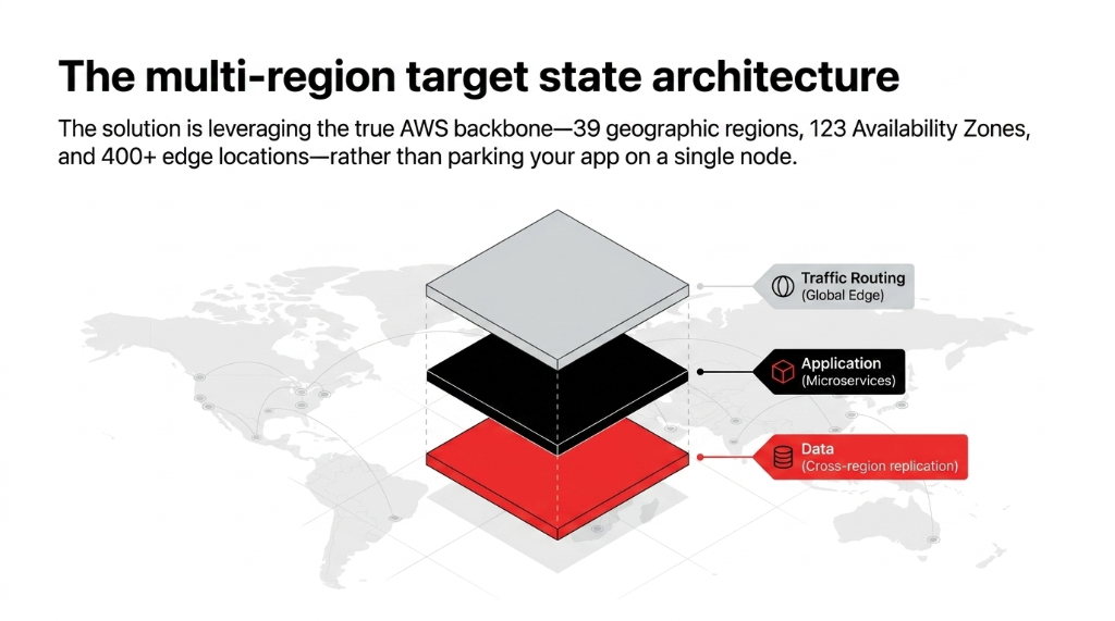 Multi-region AWS e-commerce target state architecture showing three stacked layers on a world map with Traffic Routing at the global edge layer Application microservices in the middle layer and Data cross-region replication at the base leveraging 39 geographic regions 123 Availability Zones and 400 plus edge locations