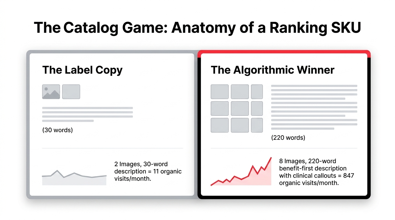 The Catalog Game Anatomy of a Ranking SKU - Label Copy with 2 images and 30-word description getting 11 organic visits per month versus Algorithmic Winner with 8 images and 220-word description getting 847 organic visits per month