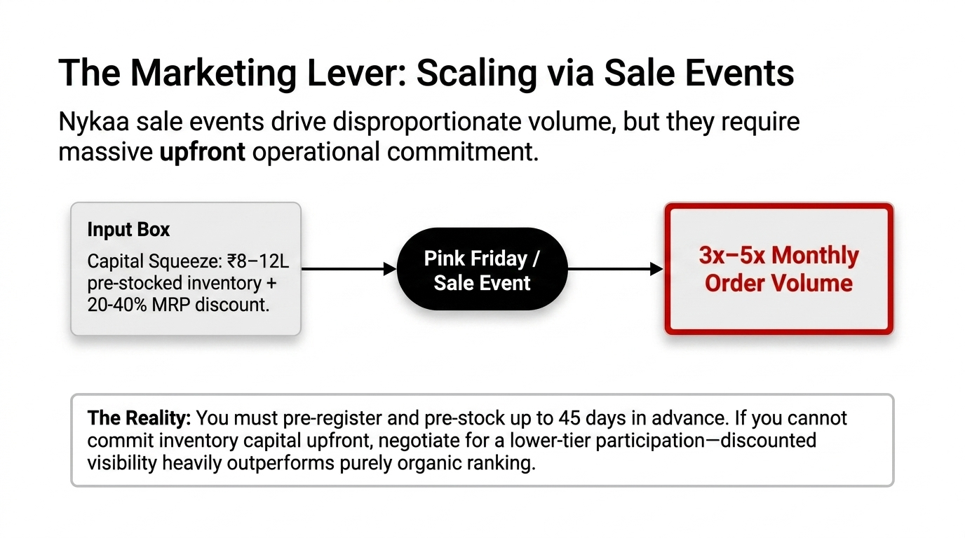 The Marketing Lever Scaling via Sale Events - Capital squeeze of $9,750 to $14,600 pre-stocked inventory plus 20 to 40 percent MRP discount flowing through Pink Friday Sale Event to achieve 3x to 5x monthly order volume