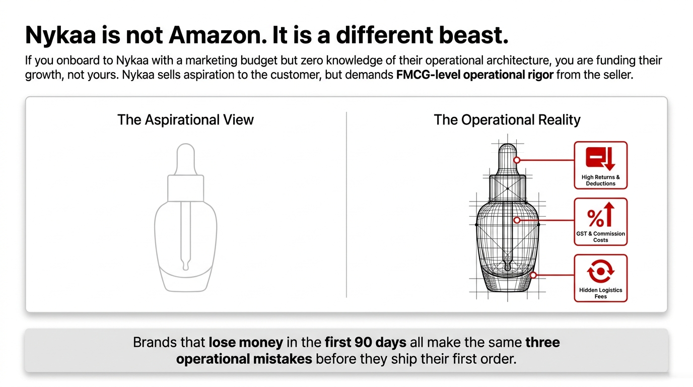 Nykaa is not Amazon - The Aspirational View versus The Operational Reality showing high returns and deductions, GST and commission costs, and hidden logistics fees that brands face in first 90 days