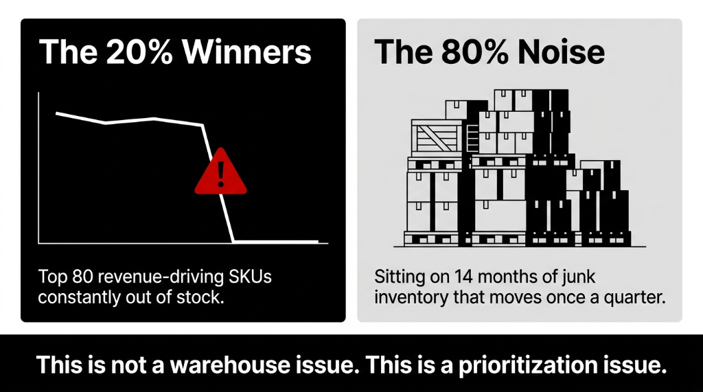 The 20 percent winners versus the 80 percent noise - top 80 revenue-driving SKUs constantly out of stock while sitting on 14 months of junk inventory - this is a prioritization issue