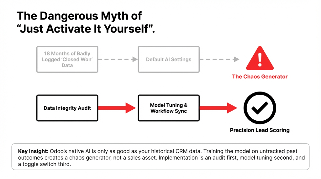 The Dangerous Myth of Just Activate It Yourself — showing how 18 months of badly logged CRM data fed into default AI settings creates a chaos generator, versus a data integrity audit followed by model tuning leading to precision lead scoring