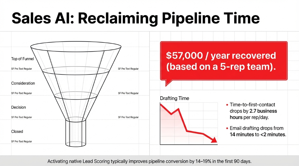 Sales AI: Reclaiming Pipeline Time showing a sales funnel next to a $57,000 / year recovered banner based on a 5-rep team, with a chart showing drafting time plummeting. Time-to-first-contact drops by 2.7 business hours per rep/day, and email drafting drops from 14 minutes to <2 minutes.