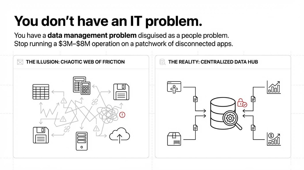 You don't have an IT problem, you have a data management problem. The illusion of a chaotic web of friction vs the reality of a centralized data hub with Odoo.