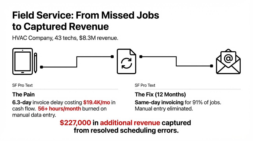 Field Service: From Missed Jobs to Captured Revenue. Same-day invoicing for 91% of jobs and $227,000 in additional revenue captured by removing manual delay.