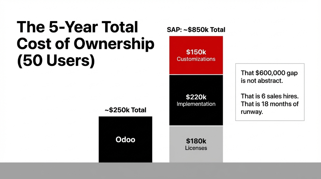 The 5-Year Total Cost of Ownership for 50 Users: Odoo at approximately $250,000 total versus SAP at approximately $850,000 total broken down into $180k Licenses, $220k Implementation, and $150k Customizations. The $600,000 gap equals 6 sales hires or 18 months of runway.
