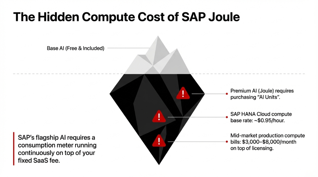 The Hidden Compute Cost of SAP Joule shown as an iceberg diagram: Base AI is free and included at the tip, while hidden below are Premium AI requiring AI Unit purchases, SAP HANA Cloud compute at $0.95 per hour, and mid-market production compute bills of $3,000 to $8,000 per month on top of licensing
