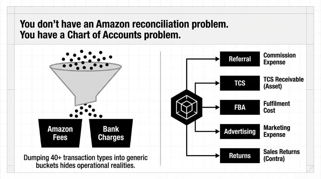 You don't have an Amazon reconciliation problem you have a Chart of Accounts problem showing 40 plus transaction types being dumped into generic Amazon fees and bank charges buckets versus proper mapping where referral goes to commission expense TCS goes to TCS receivable asset FBA goes to fulfilment cost advertising goes to marketing expense and returns go to sales returns contra account