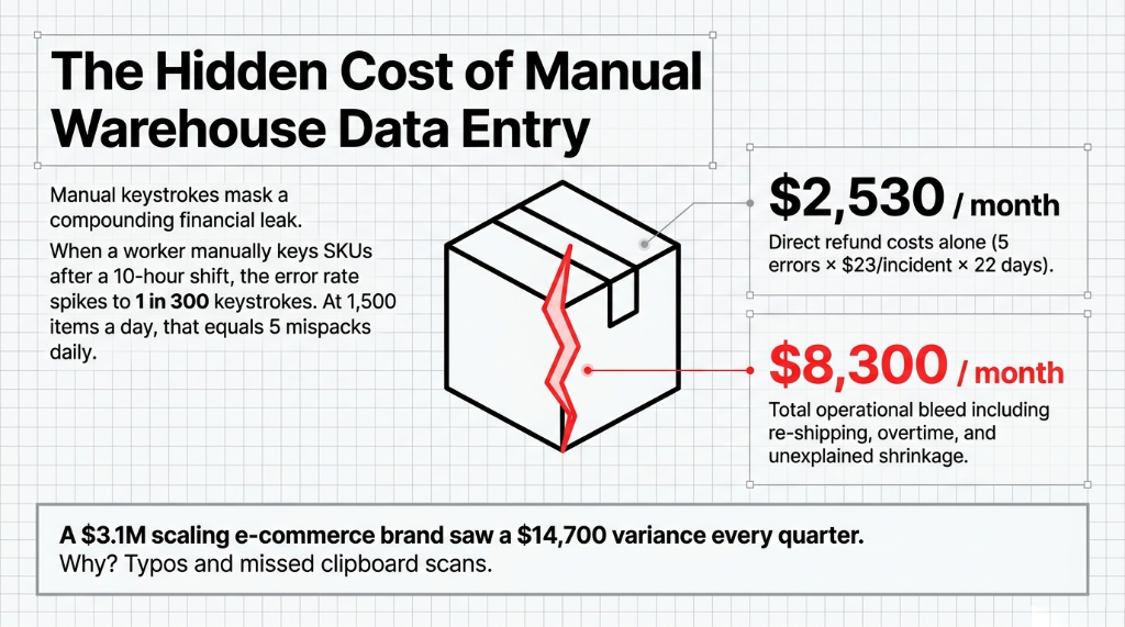 The hidden cost of manual warehouse data entry - $2,530 per month in direct refund costs and $8,300 per month total operational bleed including re-shipping overtime and unexplained shrinkage