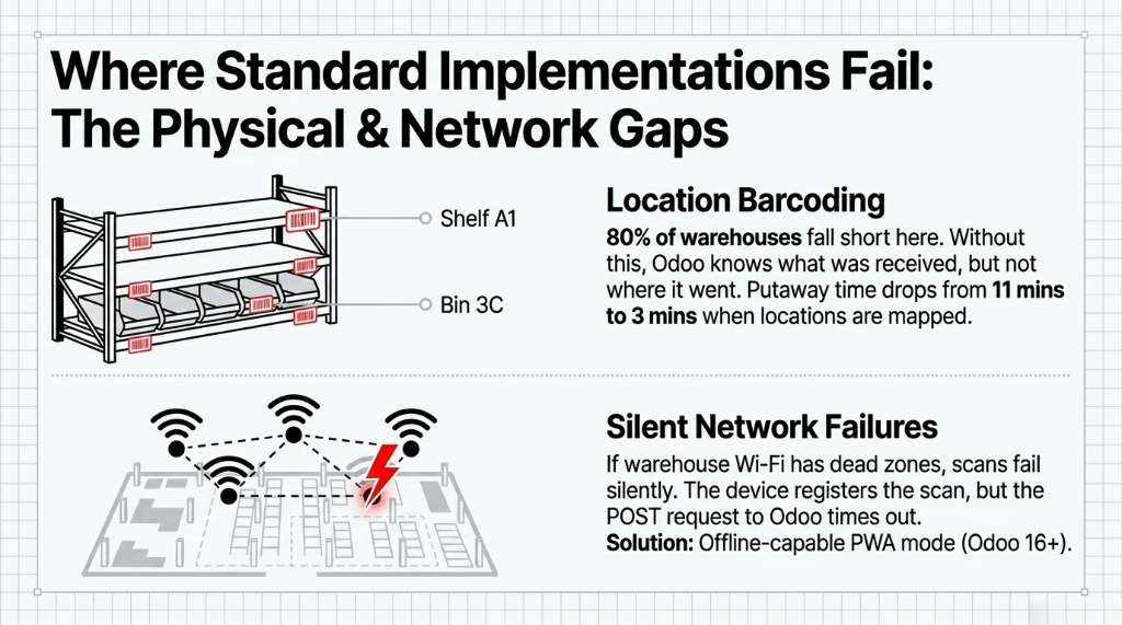 Where standard implementations fail showing physical and network gaps - location barcoding missing in 80 percent of warehouses and silent network failures when warehouse Wi-Fi has dead zones