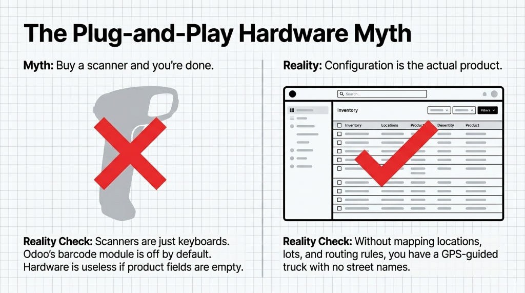 The plug-and-play hardware myth - scanners are just keyboards and Odoo barcode module is off by default - configuration is the actual product not the hardware