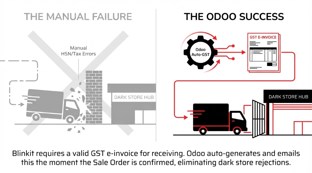 The manual failure vs the Odoo success showing on the left side a delivery truck crashing into a dark store hub wall due to manual HSN and tax errors versus the right side showing Odoo Auto-GST generating a GST e-invoice that is emailed to the dark store hub the moment the Sale Order is confirmed with a note that Blinkit requires a valid GST e-invoice for receiving and Odoo auto-generates and emails this eliminating dark store rejections