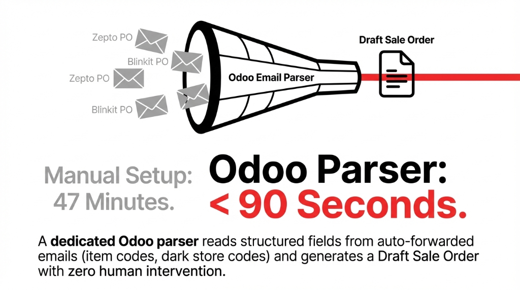 Odoo email parser showing Zepto PO and Blinkit PO emails being funnelled into an Odoo Email Parser which outputs a Draft Sale Order with manual setup taking 47 minutes versus Odoo Parser completing in under 90 seconds and a dedicated Odoo parser reading structured fields from auto-forwarded emails including item codes and dark store codes to generate a Draft Sale Order with zero human intervention