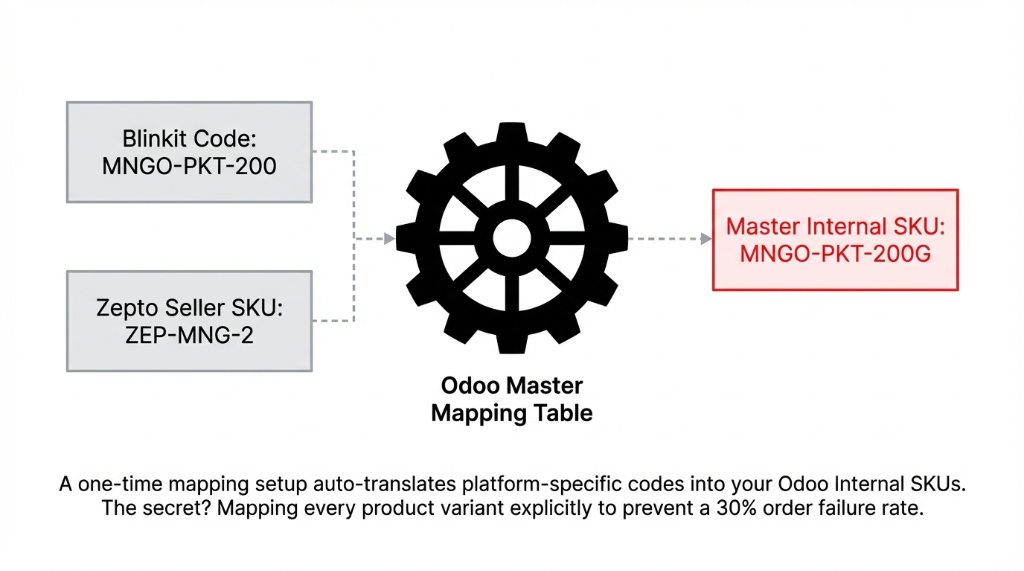 Odoo Master Mapping Table showing Blinkit Code MNGO-PKT-200 and Zepto Seller SKU ZEP-MNG-2 both feeding into an Odoo Master Mapping Table gear mechanism which outputs the Master Internal SKU MNGO-PKT-200G with a description that a one-time mapping setup auto-translates platform-specific codes into your Odoo Internal SKUs and the secret is mapping every product variant explicitly to prevent a 30 percent order failure rate