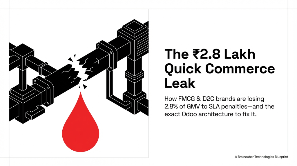 The 2.8 lakh quick commerce leak showing a Braincuber Technologies Blueprint with a broken industrial pipeline leaking a large red drop representing how FMCG and D2C brands are losing 2.8 percent of GMV to SLA penalties and the exact Odoo architecture to fix it