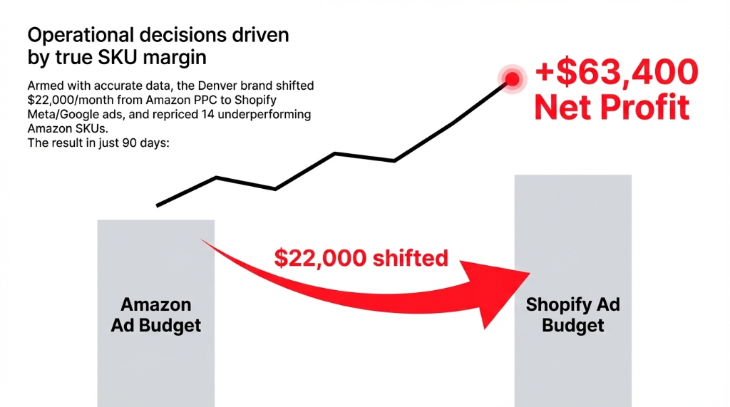 Operational decisions driven by true SKU margin showing the Denver brand shifted 22000 dollars per month from Amazon PPC to Shopify Meta and Google ads and repriced 14 underperforming Amazon SKUs resulting in 63400 dollars additional net profit in just 90 days