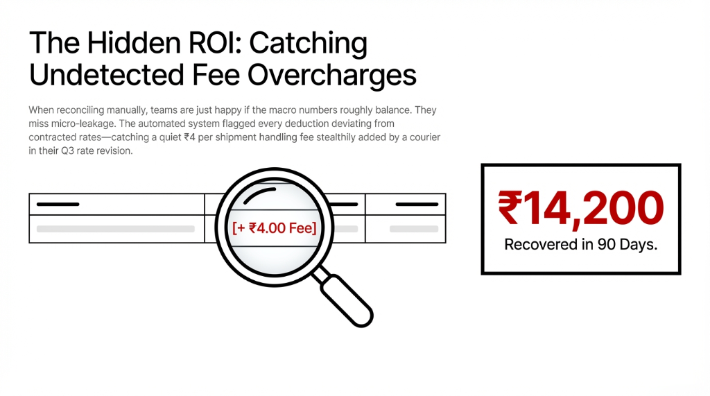 The hidden ROI showing a magnifying glass catching an undetected courier fee overcharge of 4 rupees per shipment with 14200 rupees recovered in 90 days from automated reconciliation flagging every deduction deviating from contracted rates