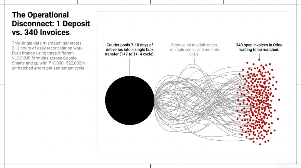 The operational disconnect showing 1 bulk courier deposit versus 340 open invoices in Odoo waiting to be matched with courier pooling 7 to 10 days of deliveries into a single transfer representing multiple dates zones and SKUs