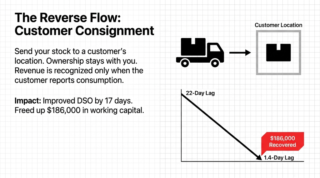 Customer consignment reverse flow - DSO improved by 17 days freed 186000 dollars in working capital