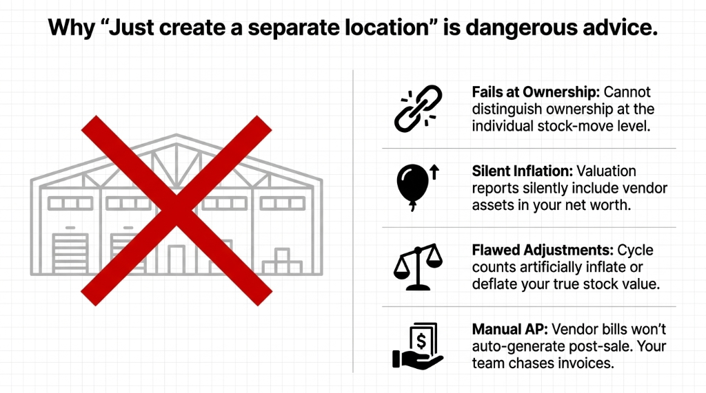 Why just creating a separate warehouse location fails for consignment - ownership inflation adjustment and AP problems