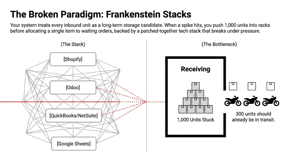 The Broken Paradigm Frankenstein Stacks - Shopify Odoo QuickBooks NetSuite Google Sheets patched together - 1000 units stuck in receiving while 300 should already be in transit