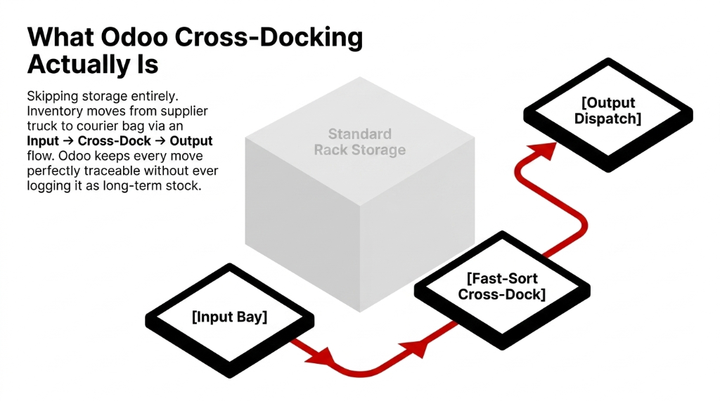 What Odoo Cross-Docking Actually Is - Input Bay to Fast-Sort Cross-Dock to Output Dispatch bypassing Standard Rack Storage - Inventory moves from supplier truck to courier bag via Input Cross-Dock Output flow