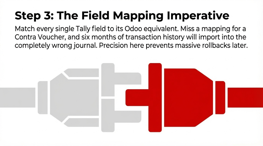 Step 3 the field mapping imperative showing a connector graphic emphasizing that you must match every single Tally field to its Odoo equivalent because missing a mapping for a Contra Voucher means six months of transaction history will import into the completely wrong journal and precision here prevents massive rollbacks later