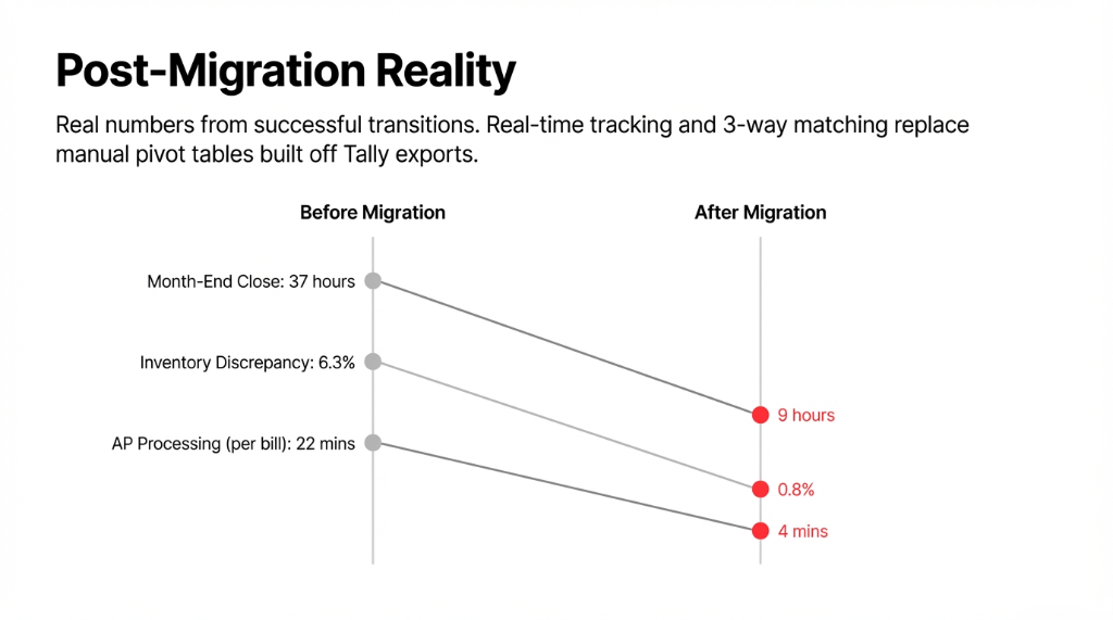 Post-migration reality showing real numbers from successful transitions where month-end close drops from 37 hours to 9 hours inventory discrepancy drops from 6.3 percent to 0.8 percent and AP processing per bill drops from 22 minutes to 4 minutes with real-time tracking and 3-way matching replacing manual pivot tables built off Tally exports