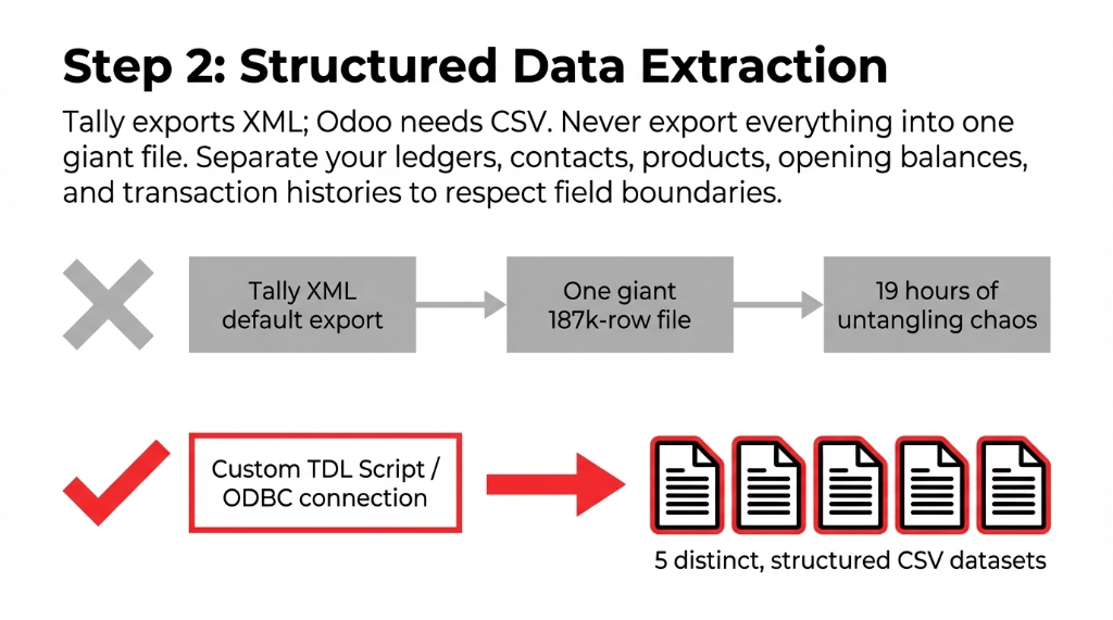 Step 2 structured data extraction showing the wrong way of Tally XML default export creating one giant 187k row file requiring 19 hours of untangling chaos versus the right way using a custom TDL script or ODBC connection to produce 5 distinct structured CSV datasets for ledgers contacts products opening balances and transaction histories
