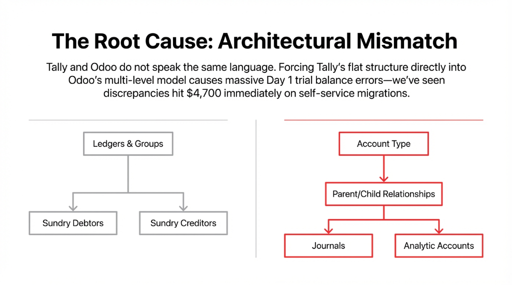 The root cause architectural mismatch between Tally and Odoo showing Tally flat structure of Ledgers and Groups splitting into Sundry Debtors and Sundry Creditors versus Odoo multi-level model of Account Type flowing to Parent Child Relationships then splitting to Journals and Analytic Accounts causing 4700 dollar discrepancies on self-service migrations