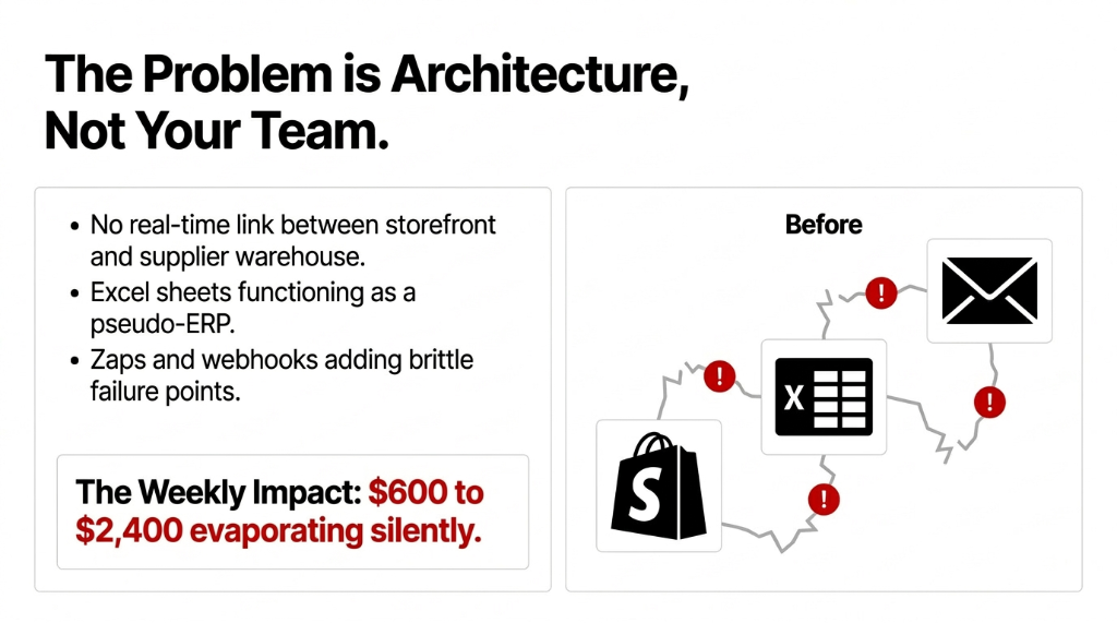 The problem is architecture not your team - no real-time link between storefront and supplier warehouse with Excel sheets functioning as pseudo-ERP and Zaps adding brittle failure points costing $600 to $2,400 per week evaporating silently