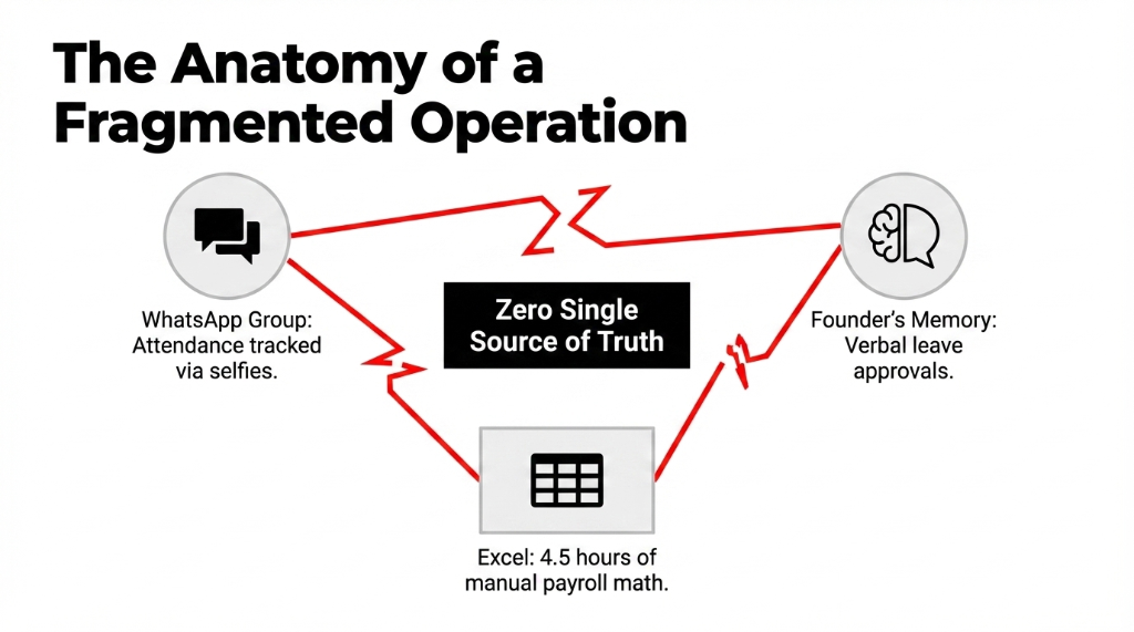 The Anatomy of a Fragmented Operation - diagram showing WhatsApp group for attendance, Excel for payroll math, and founder memory for leave approvals all pointing to zero single source of truth