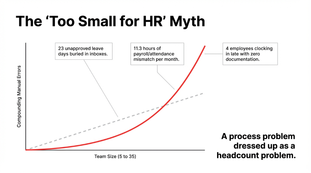 The Too Small for HR Myth - chart showing compounding manual errors as team size grows from 5 to 35, with callouts for 23 unapproved leave days, 11.3 hours payroll mismatch per month, and 4 employees clocking in late with zero documentation