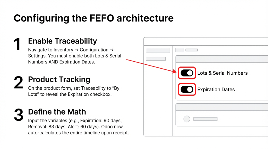 Configuring the FEFO architecture in 3 steps showing step 1 Enable Traceability by navigating to Inventory Configuration Settings and enabling Lots and Serial Numbers AND Expiration Dates step 2 Product Tracking by setting Traceability to By Lots to reveal the Expiration checkbox and step 3 Define the Math by inputting Expiration 90 days Removal 83 days Alert 60 days