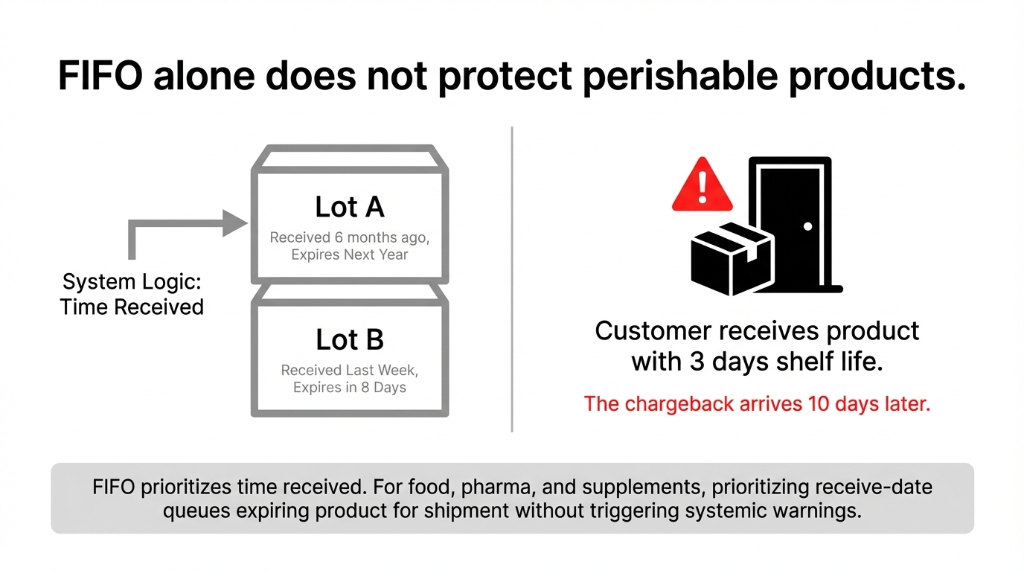 FIFO alone does not protect perishable products showing Lot A received 6 months ago expiring next year and Lot B received last week expiring in 8 days where FIFO system logic prioritizes time received sending Lot B to a customer who receives product with 3 days shelf life and the chargeback arrives 10 days later
