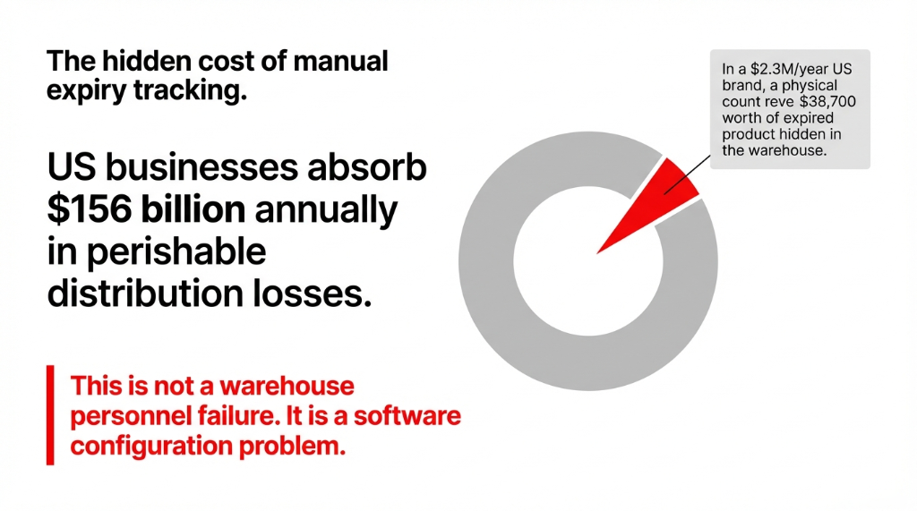 The hidden cost of manual expiry tracking showing US businesses absorb 156 billion dollars annually in perishable distribution losses and a 2.3M per year US brand discovered 38700 dollars worth of expired product hidden in the warehouse calling it a software configuration problem not a warehouse personnel failure