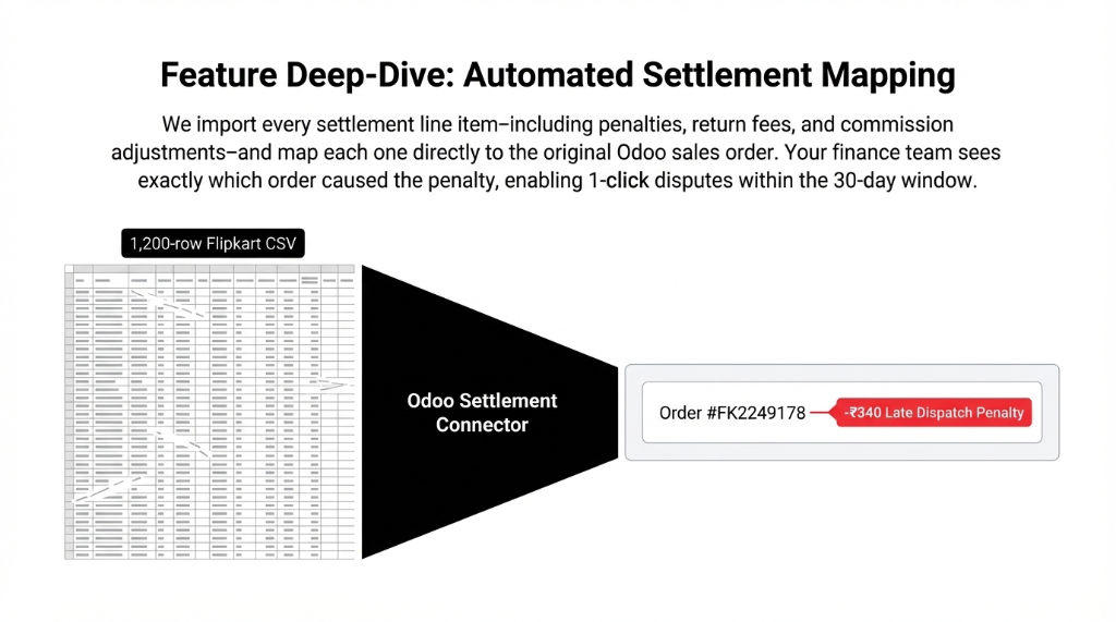Feature deep dive automated settlement mapping showing a 1200 row Flipkart CSV being processed through an Odoo settlement connector to map each line item including penalties return fees and commission adjustments to the original Odoo sales order with an example showing Order FK2249178 flagged with a negative 340 rupee late dispatch penalty enabling 1 click disputes within the 30 day window