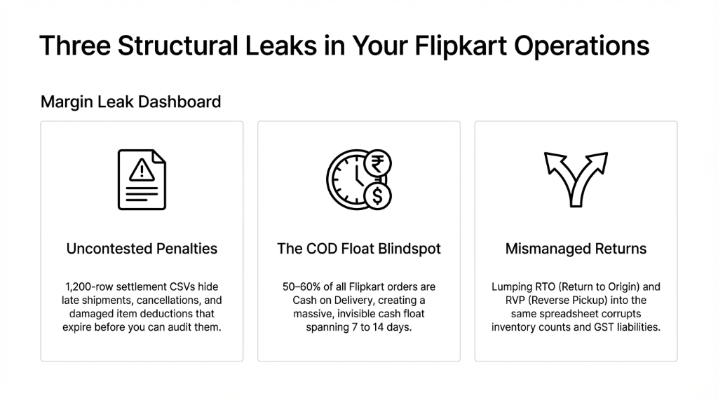 Three structural leaks in your Flipkart operations showing a margin leak dashboard with three cards: uncontested penalties where 1200 row settlement CSVs hide late shipments cancellations and damaged item deductions that expire before you can audit them, the COD float blindspot where 50 to 60 percent of all Flipkart orders are cash on delivery creating a massive invisible cash float spanning 7 to 14 days, and mismanaged returns where lumping RTO return to origin and RVP reverse pickup into the same spreadsheet corrupts inventory counts and GST liabilities