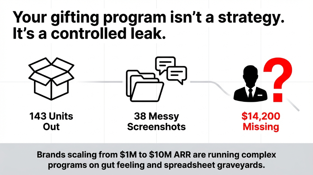 Your gifting program is not a strategy it is a controlled leak showing 143 units out 38 messy screenshots and 14200 dollars missing while brands scaling from 1M to 10M ARR are running complex programs on gut feeling and spreadsheet graveyards
