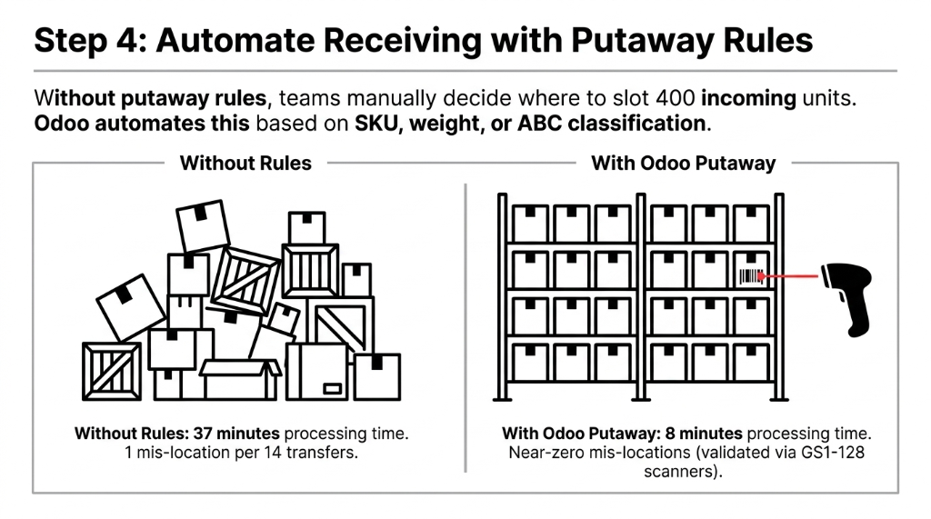 Step 4 automate receiving with putaway rules - without rules 37 minutes processing time and 1 mis-location per 14 transfers versus with Odoo putaway 8 minutes processing time and near-zero mis-locations validated via GS1-128 scanners