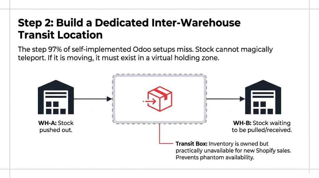 Step 2 build a dedicated inter-warehouse transit location - WH-A stock pushed out through transit box where inventory is owned but unavailable for Shopify sales to WH-B stock waiting to be received preventing phantom availability