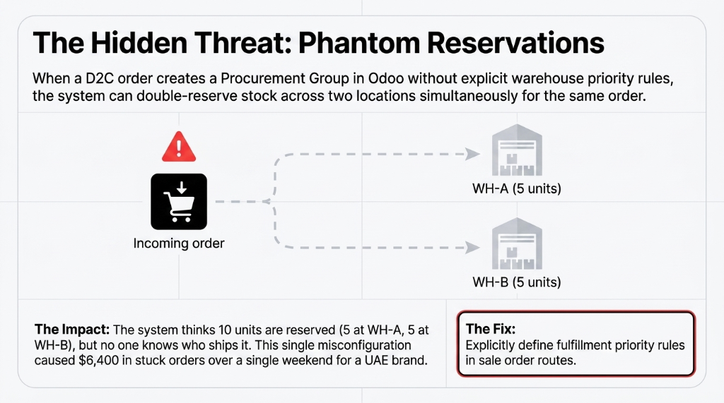 The hidden threat phantom reservations - incoming order double-reserves stock across WH-A 5 units and WH-B 5 units with no one knowing who ships causing 6400 dollars in stuck orders over a single weekend for a UAE brand