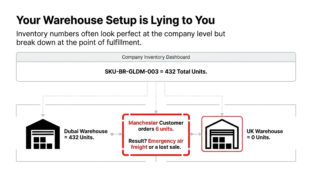 Your warehouse setup is lying to you - company inventory dashboard shows 432 total units but Dubai warehouse has 432 and UK warehouse has zero causing emergency air freight or lost sales for Manchester customer ordering 6 units
