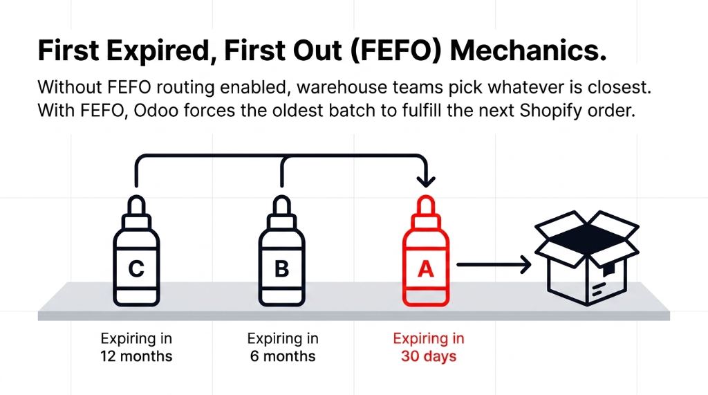 First Expired First Out FEFO Mechanics - Without FEFO routing warehouse teams pick whatever is closest - With FEFO Odoo forces the oldest batch expiring in 30 days to fulfill the next Shopify order instead of newer batches expiring in 6 or 12 months