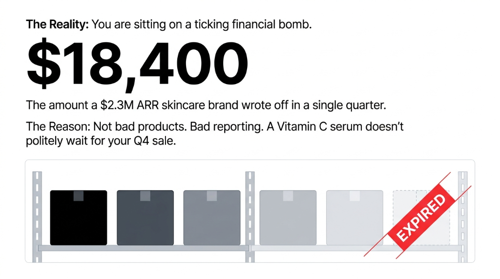 The Reality - You are sitting on a ticking financial bomb - 18400 dollars written off by a 2.3M ARR skincare brand in a single quarter - Not bad products but bad reporting - A Vitamin C serum does not politely wait for your Q4 sale - EXPIRED tag on warehouse shelf