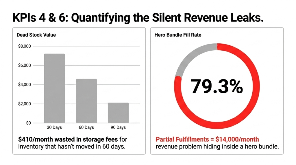 KPIs 4 and 6 Quantifying the Silent Revenue Leaks showing dead stock value declining across 30 60 90 day segments with 410 dollars per month wasted in storage fees and hero bundle fill rate at 79.3 percent meaning 14000 dollars per month revenue problem hiding inside partial fulfillments
