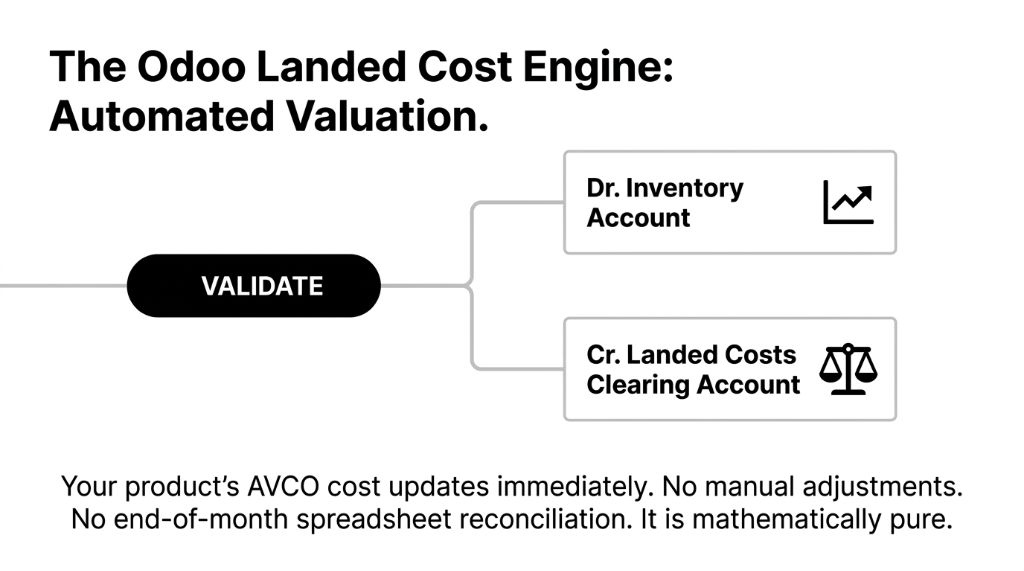 The Odoo Landed Cost Engine automated valuation - validate button triggers Dr Inventory Account and Cr Landed Costs Clearing Account with AVCO cost updating immediately