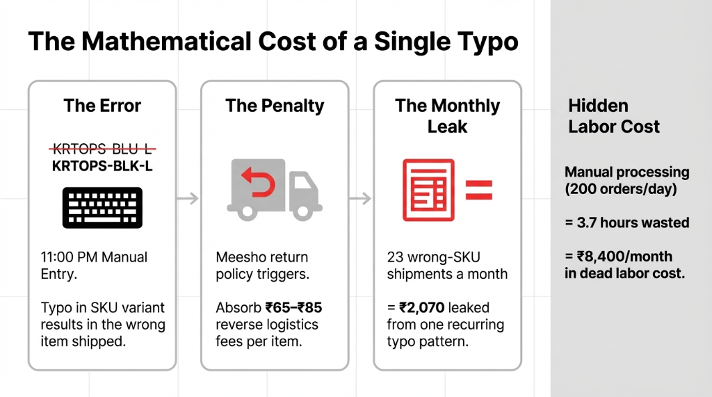 The mathematical cost of a single typo showing the error where a warehouse executive types KRTOPS-BLU-L instead of KRTOPS-BLK-L at 11 PM resulting in the wrong item shipped then the penalty where Meesho return policy triggers with 65 to 85 rupee reverse logistics fees per item then the monthly leak of 23 wrong-SKU shipments a month equalling 2070 rupees leaked from one recurring typo pattern plus hidden labour cost of 3.7 hours wasted and 8400 rupees per month in dead labour cost