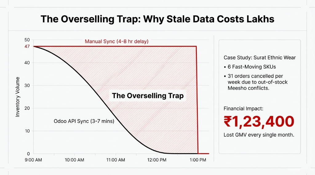 The overselling trap why stale data costs lakhs showing a graph of inventory volume over time from 9 AM to 1 PM where manual sync with 4 to 8 hour delay stays flat at 47 units while Odoo API sync updates in 3 to 7 minutes tracking the real decline with the overselling trap zone highlighted in red between the two curves plus a case study of a Surat ethnic wear seller with 6 fast moving SKUs cancelling 31 orders per week due to out of stock Meesho conflicts with financial impact of 1 lakh 23 thousand 400 rupees lost GMV every single month