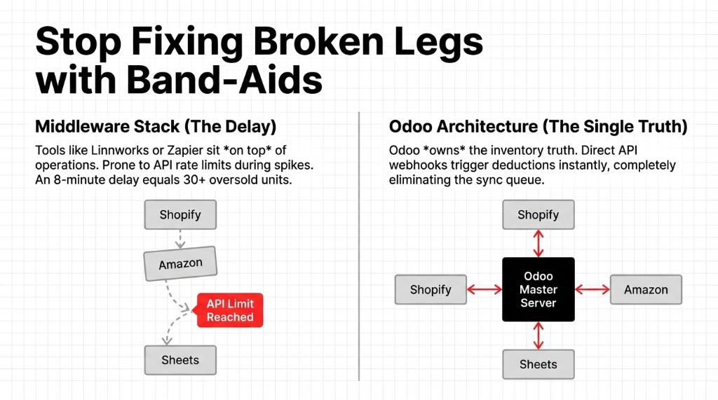 Stop Fixing Broken Legs with Band-Aids - Middleware Stack showing Shopify, Amazon, and Sheets in a chain with API Limit Reached failure point versus Odoo Architecture showing Odoo Master Server as the single truth with direct API webhooks to Shopify, Amazon, and Sheets eliminating the sync queue